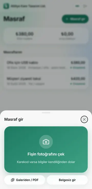 Masraf girişi: fişin fotoğrafını çekme ekranı