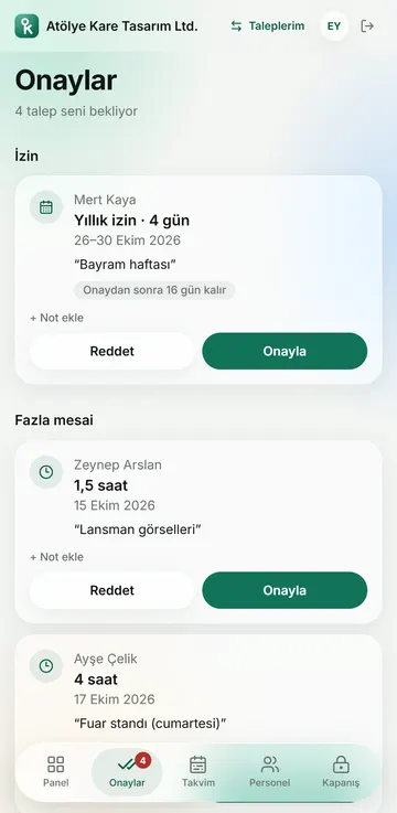 İK onay ekranı: bekleyen izin, mesai ve masraf talepleri